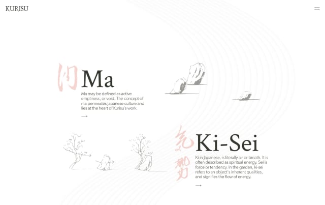 Ma and Ki-Sei concepts from Japanese culture, illustrated with minimalist sketches and calligraphy, reflecting the essence of Kurisu's philosophy.